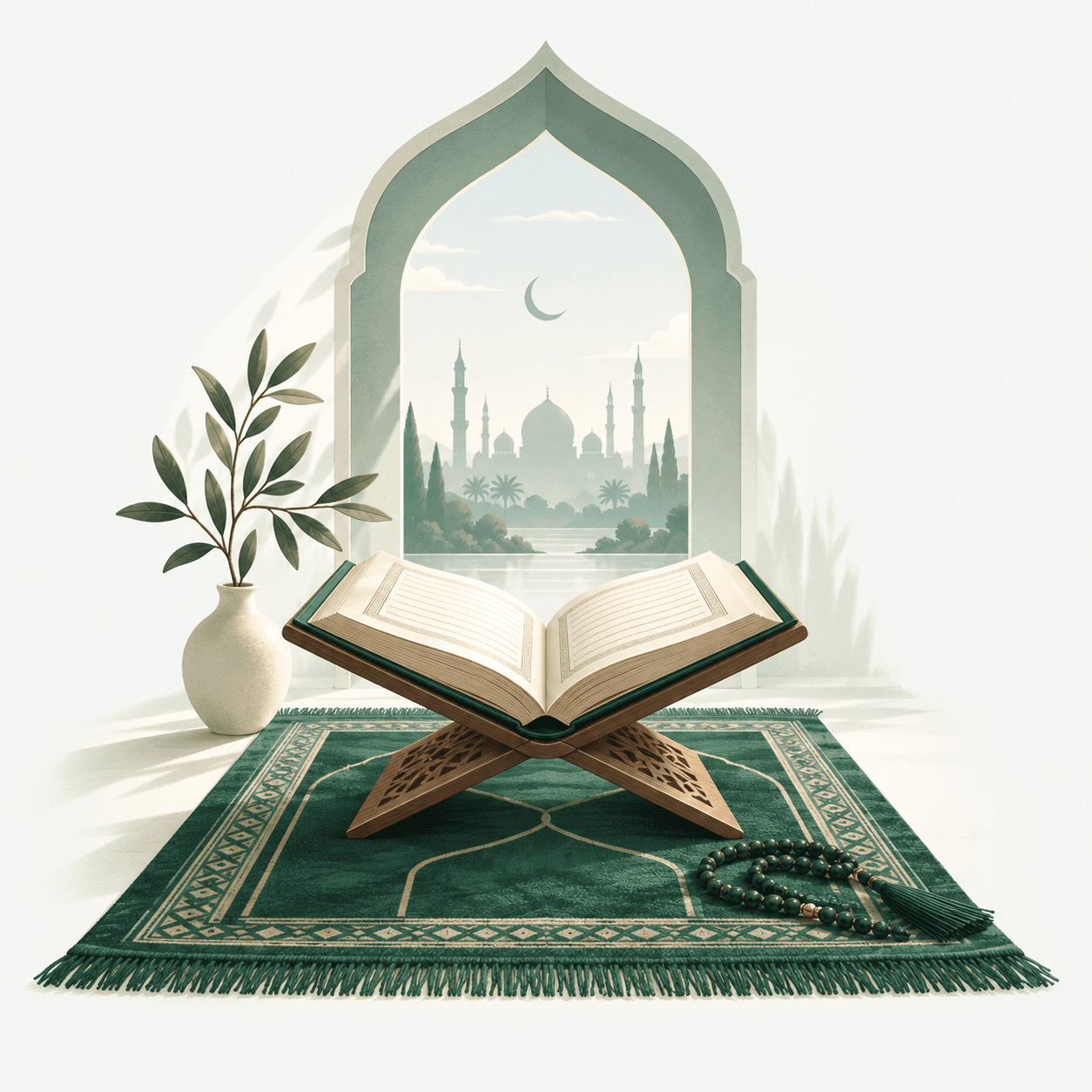 An open Quran on a wooden stand, with a prayer rug and tasbih beside an arch overlooking a mosque.